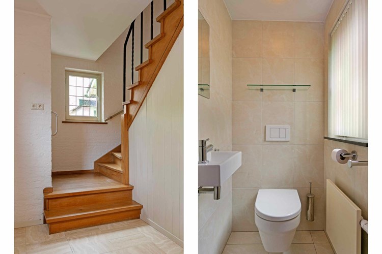 Via een eiken trap met bordes naar het volledig betegelde toilet met wandcloset en een fonteintje. Verder een radiator en een kozijn met een glas-in-lood raam.
