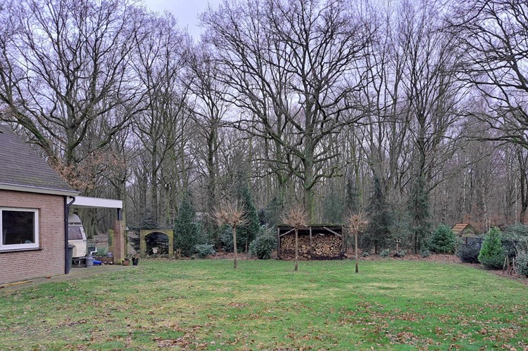 De riante achtertuin is voorzien van een ruim gazon, aangeplante borders en volwassen bomen en struiken.