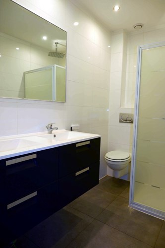 Moderne badkamer met een antraciet tegelvloer, volledig licht betegelde wanden en een spuitwerk plafond met inbouwspots. Voorzien van een badmeubel met dubbele wastafel en een grote spiegel. 