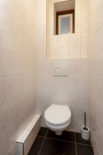 Toilet met een antraciet tegelvloer, volledig licht betegelde wanden en een stucwerk plafond. Met een wandcloset met opzetplateau en een hardhouten raampje. 