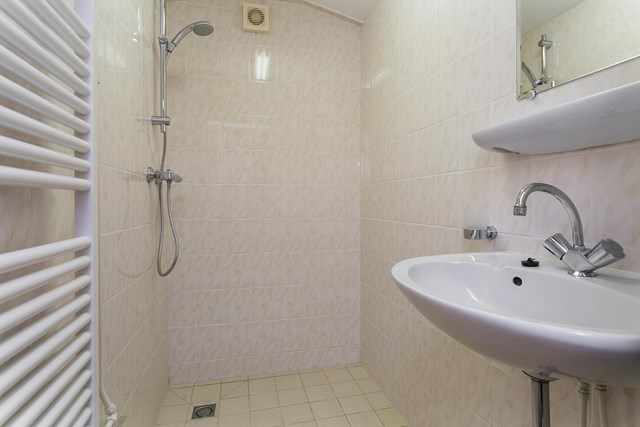 De badkamer met ruime inloopdouche, wastafel en designradiator.