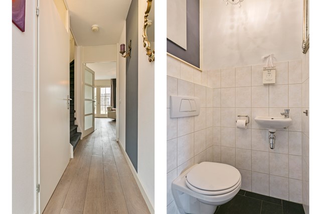 Detailfoto met links beeld vanaf de woonkamer naar de voordeur en rechts het toilet op de begane grond