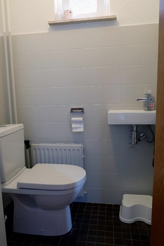 Toilet met een tegelvloer en gedeeltelijke betegelde wanden. Met een duoblok en een fonteintje. Natuurlijke ventilatie middels een raampje. 