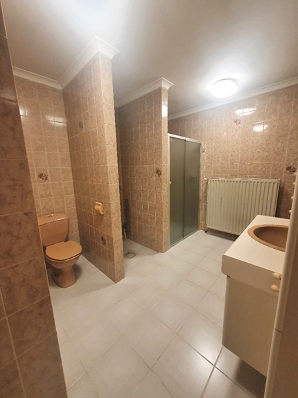 badkamer met douche, toilet en lavabomeubel