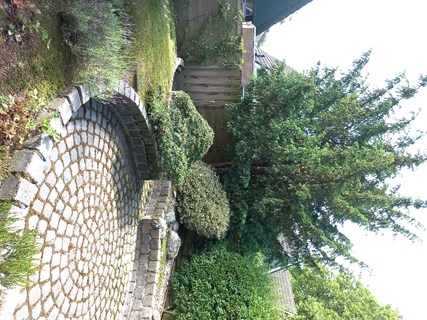 De achtertuin heeft een zitkuil met rondom volwassen vaste planten