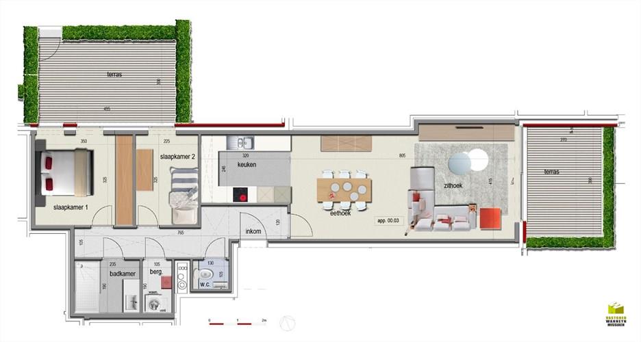 Energiezuinig gelijkvloers appartement met 2 slaapkamers, 2 terrassen en ondergrondse staanplaats in het centrum van Zwevezele 