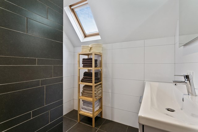 De badkamer met wastafel en dakraam is geheel betegeld met moderne vloer- en wandtegels en heeft een radio-installatie.