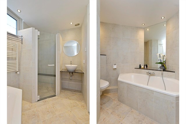 Uiteraard is ook de badkamer smaakvol gerenoveerd en beschikt naast een ligbad, 2e toilet en wastafel ook over een separate doucheruimte.