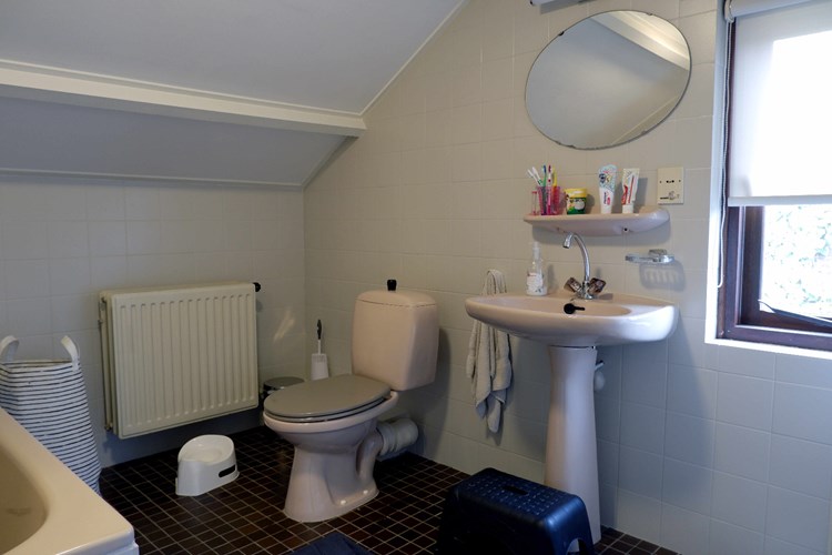 Badkamer met een tegelvloer en volledig betegelde wanden. Met een 2e toilet en een wastafel op zuil. 