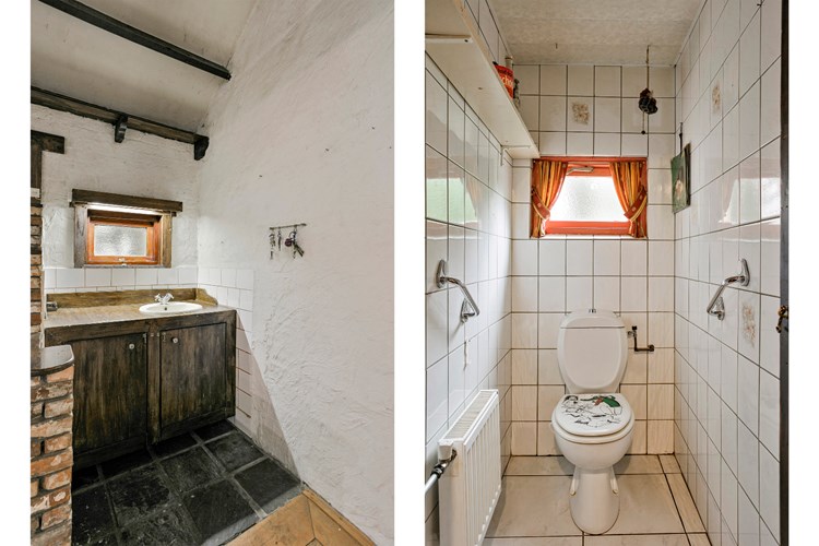 Toilet met een tegelvloer, volledig licht
betegelde wanden en een kunststof panelen plafond. Met een duoblok, een radiator en een raampje. In de tuinkamer bevindt zich een keukenblokje met wastafel.