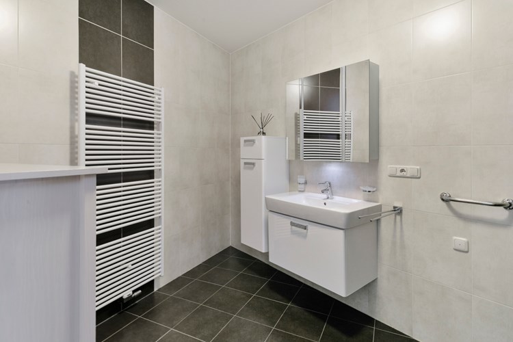Verder een badmeubel met een vaste wastafel en een spiegelkast, een design radiator en mechanische ventilatie. 